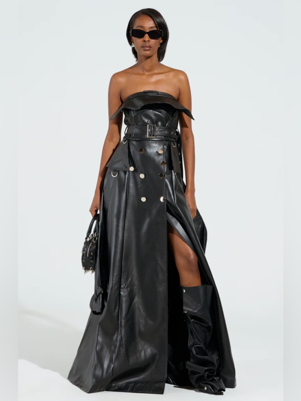 AKIRA Black Strapless Faux-Leather Maxi Dress